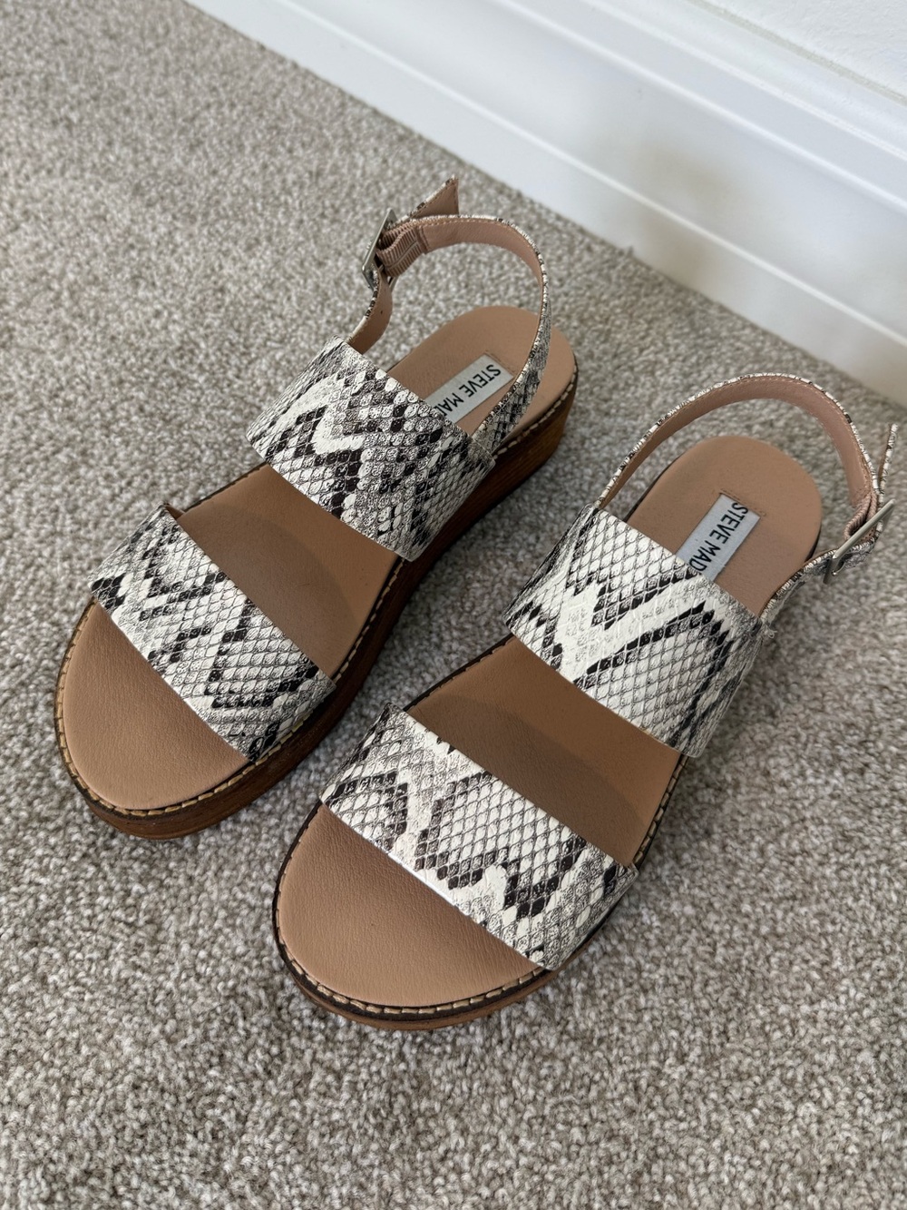 Steve Madden Snake-Print Slingback Sandals in Brown and White